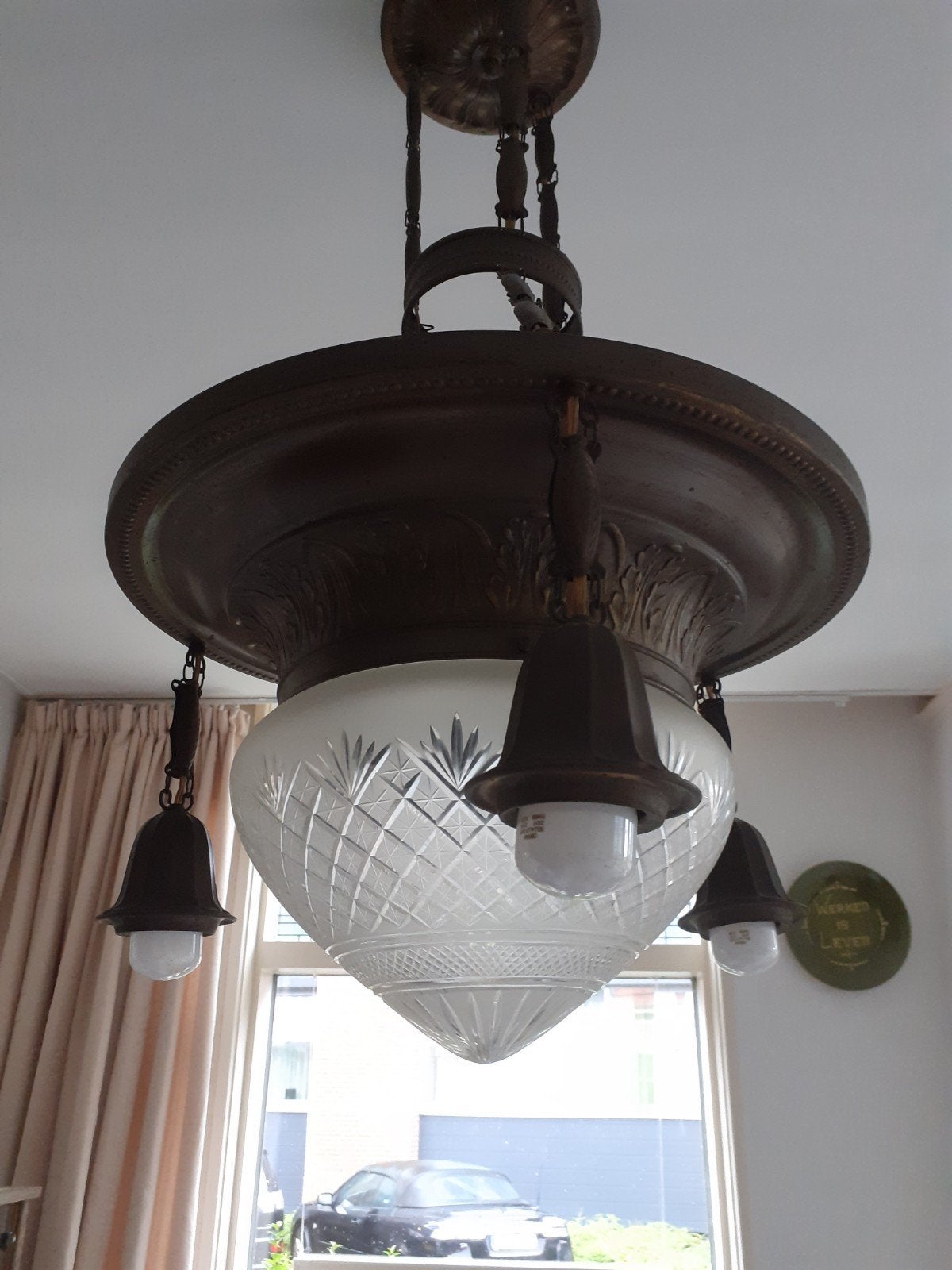 Jugenstil elektrische hanglamp met geslepen glas, Antiek en Kunst, Ophalen