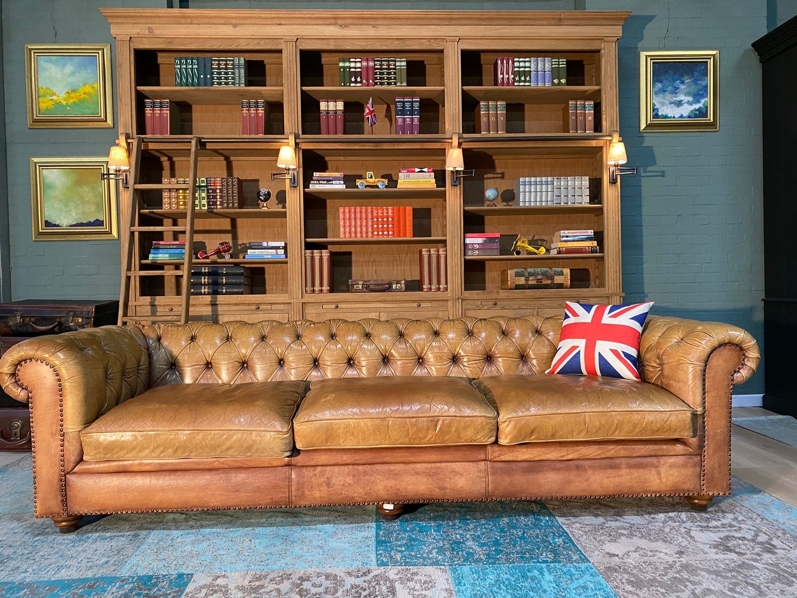 Ruime XL Chesterfield 4 zit bank cognac, Ophalen, Zo goed als nieuw, Rechthoekig, Leer
