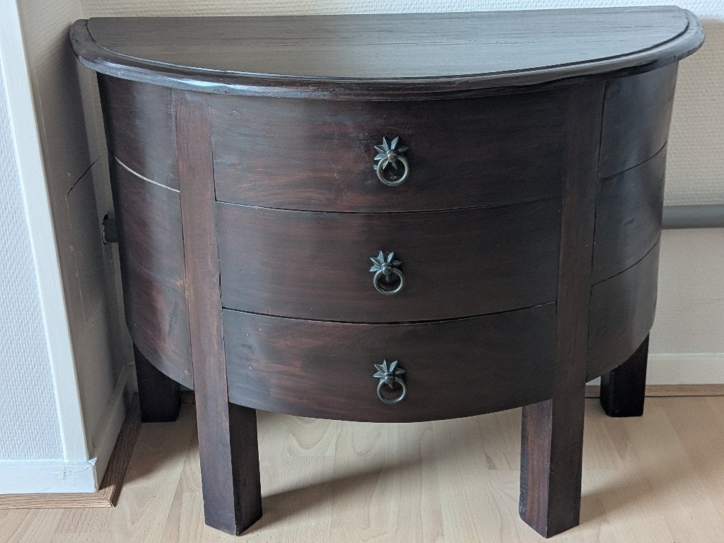 Te koop: mooi donkerbruin ladekastje, halfrond echt hout., Ophalen, Gebruikt, 50 tot 100 cm, 3 of 4 laden