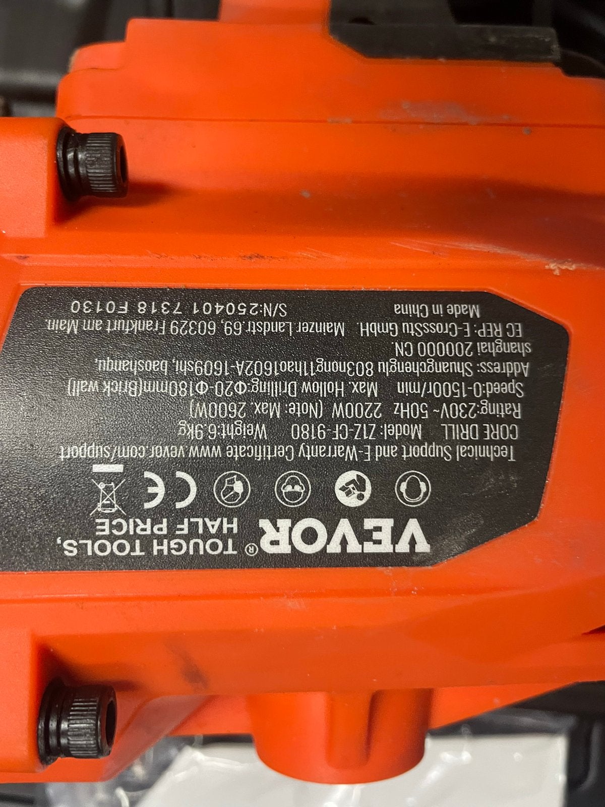 VEVOR Kernboormachine Z1Z-CF-9180 - 2600W Boorhamer, Doe-het-zelf en Verbouw, Gereedschap | Boormachines, 600 watt of meer, Boor- en/of Breekhamer