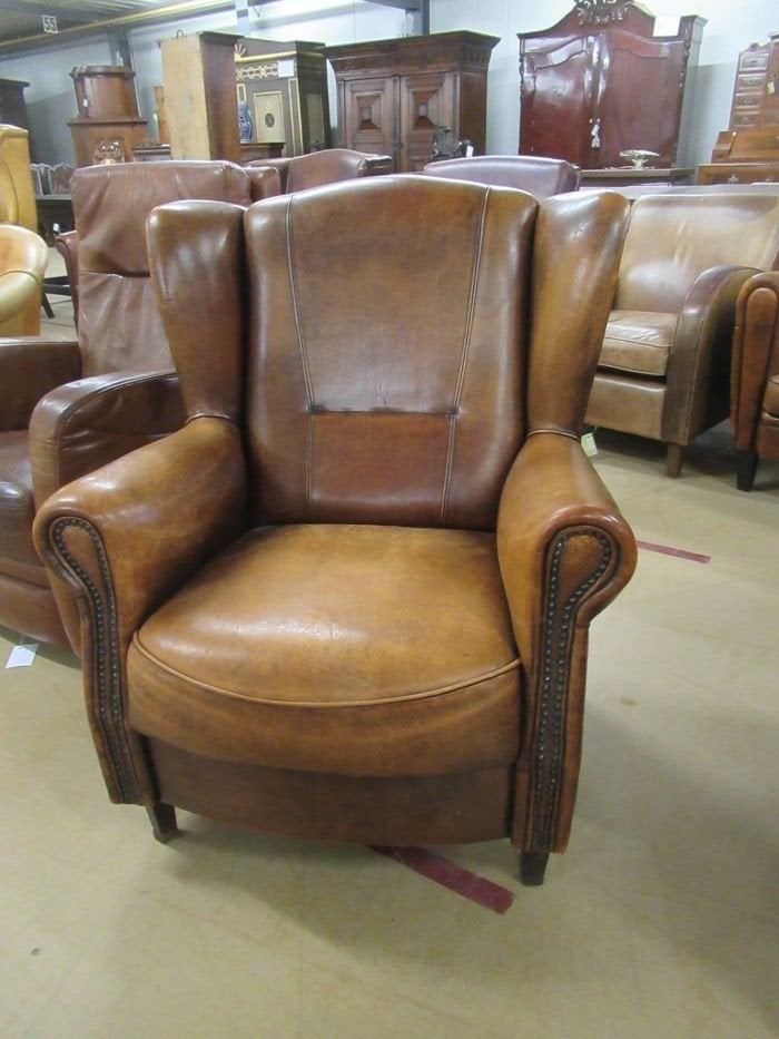 Oer 11095 originele schapenleren vintage Joris fauteuil, Huis en Inrichting, Fauteuils, Gebruikt, Leer, 75 tot 100 cm, Ophalen
