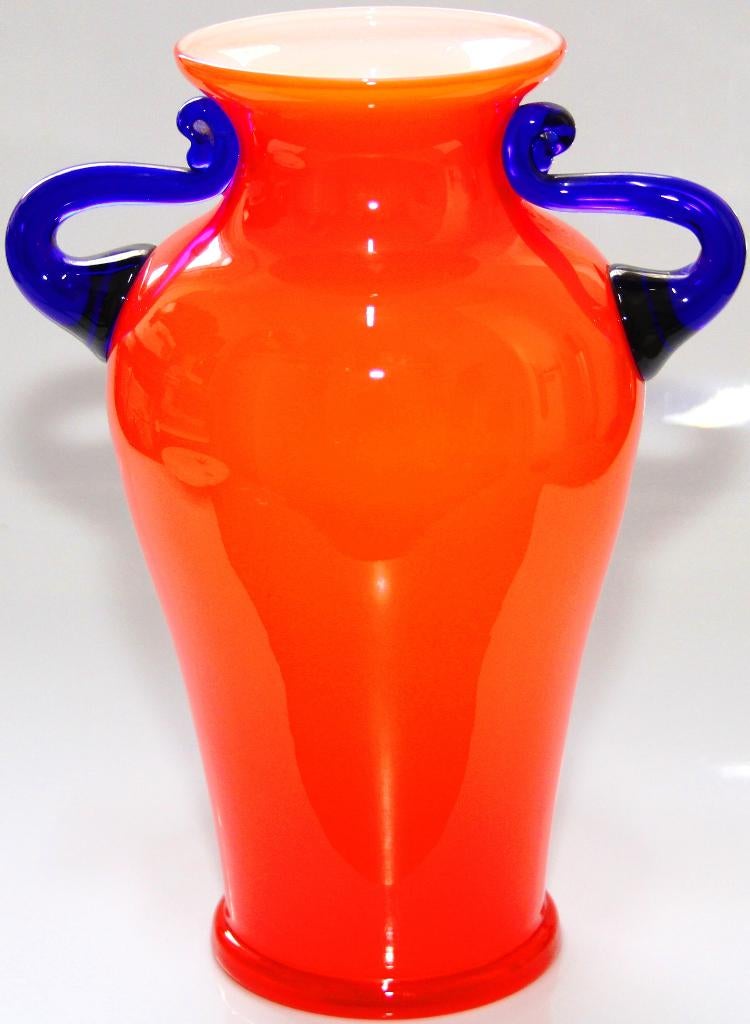Schitterende Oranje Blauw Glazen Amfora Vaas, Ophalen of Verzenden