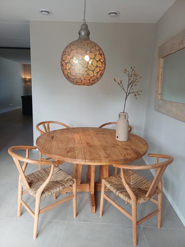 Ronde teak eettafel 140 cm en 4 stoelen, Huis en Inrichting, Ophalen, Zo goed als nieuw, Vijf personen of meer, Landelijk, sober, stoer, robuust,puur, boho, vintage,