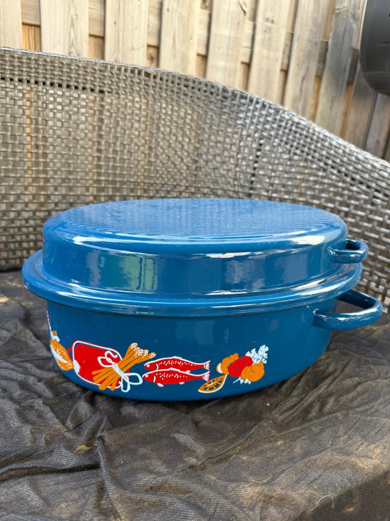 Vintage blauwe emaille braadslede met decoratie, Ophalen