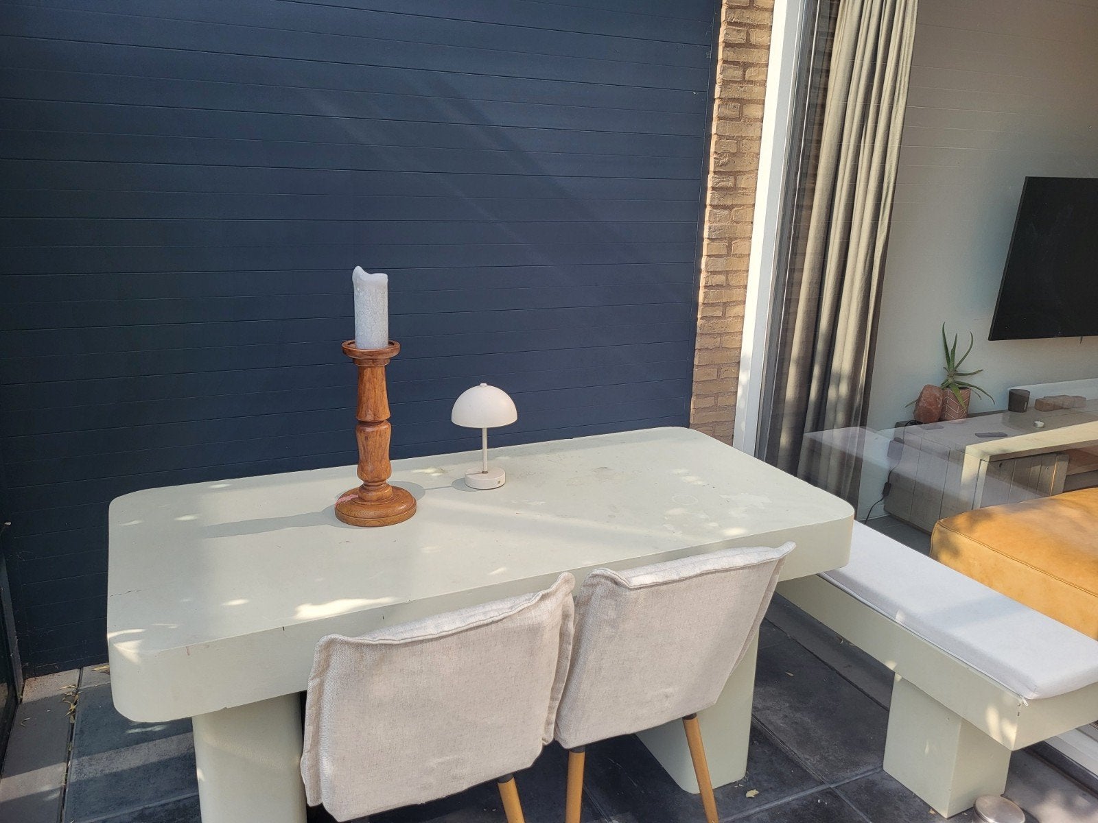 Robuuste stenen tuintafel met bankjes - Beige/Lichtgrijs, Ophalen, Gebruikt, Rechthoekig, Overige materialen