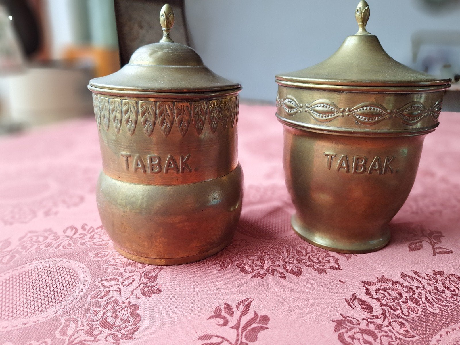 Antieke koperen tabakspotten met deksel - Set van 2, Antiek en Kunst, Ophalen of Verzenden, Koper