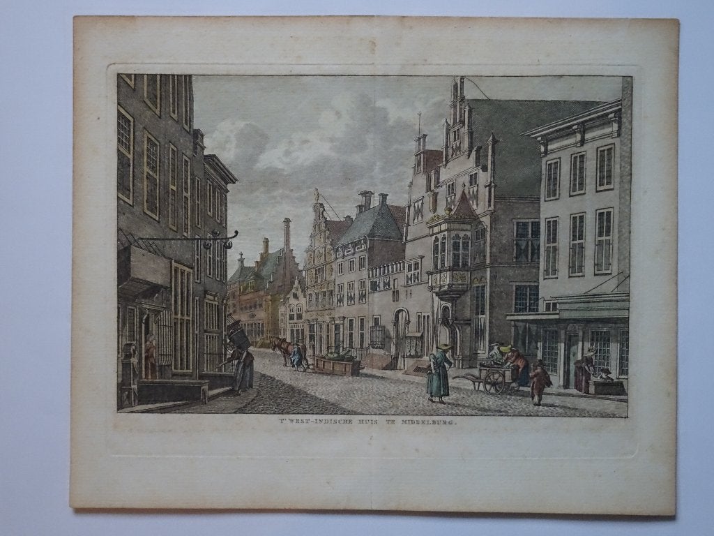 Gravure kleur WIC West-Indisch huis Middelburg, Bendorp 1793, Antiek en Kunst, Stadsgezicht, Ophalen of Verzenden, Gravure, Origineel