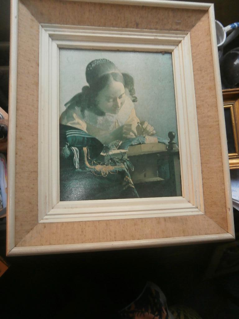 jaren 70 lijstje mooie Prent van een Kantkloster (Vermeer), Verzamelen, Ophalen, Voor 1940, Gebruikt, Overige onderwerpen