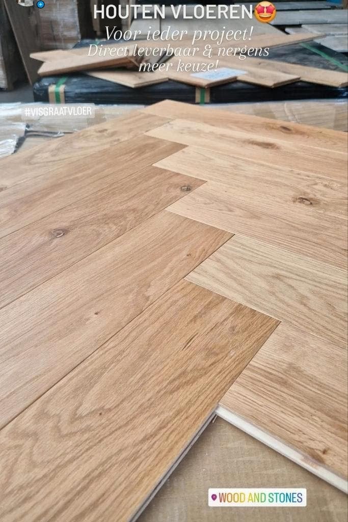 1000m2 EIKEN VISGRAAT PARKET VLOER GEOLIED LEGKLAAR!, Ophalen of Verzenden, Nieuw, 75 m² of meer, Overige typen