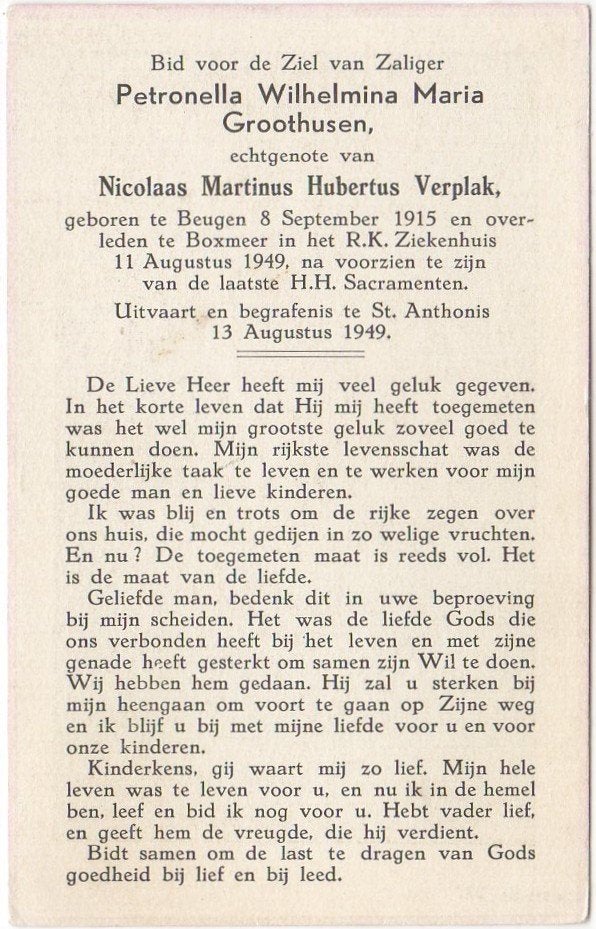 Petronella W.M. Groothusen 1915 Beugen + 1949 Boxmeer, 33 jr, Ophalen of Verzenden
