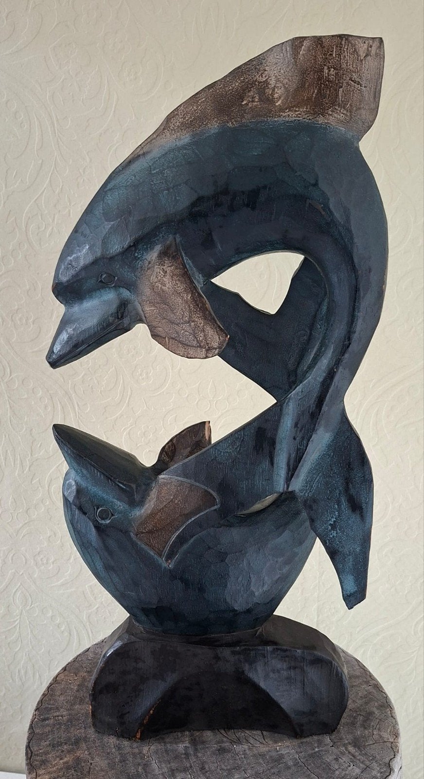 Houten dolfijn sculptuur - 50cm hoog, 22cm breed, Handgemaakt, Zeeleven, Beeld, Hout