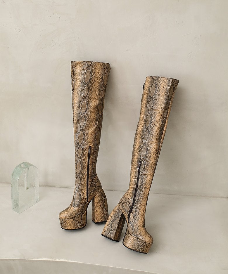 Bruine slangen overknee laarzen dames vrouwen hoge beige, Verzenden, Nieuw, Bruin, Hoge laarzen