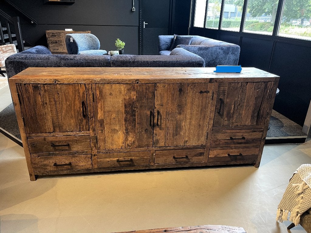 dressoir 200cm massief oud hout 4 deurs 6 laden  EXTRA ACTIE, Ophalen of Verzenden
