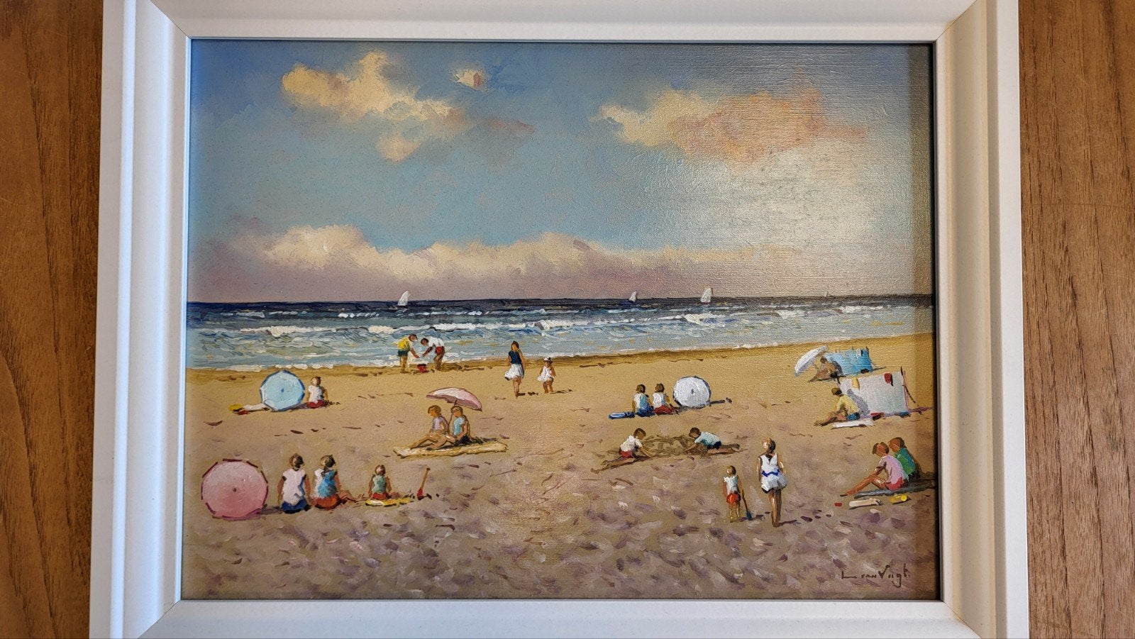Schilderij strandgezicht met badgasten en parasols, Maritiem / water, Doek, Realistisch, Ophalen of Verzenden