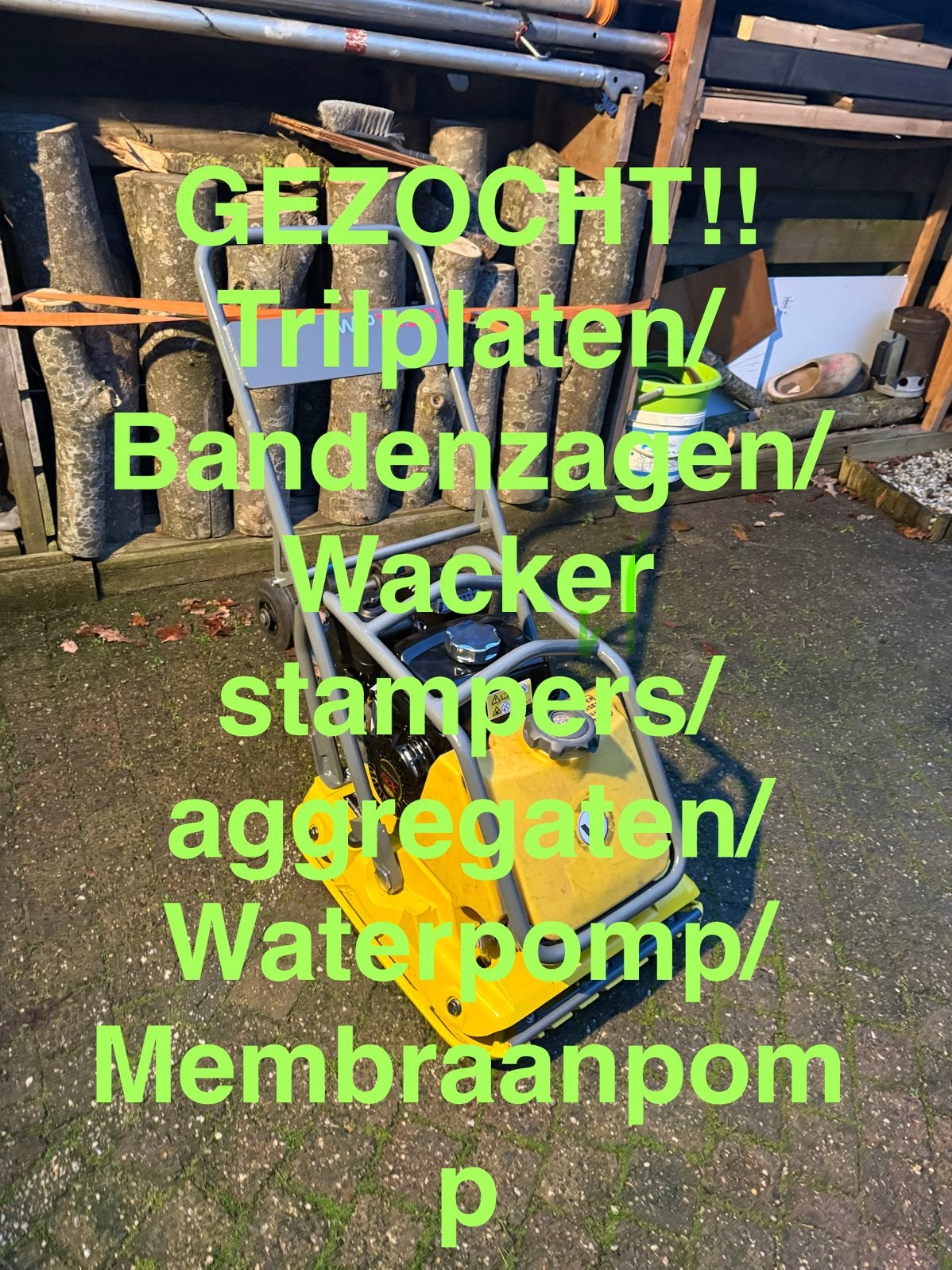 GEZOCHT!! Trilplaat/stamper/ bandenzaag/ membraan pomp, enzo, Ophalen, Gebruikt