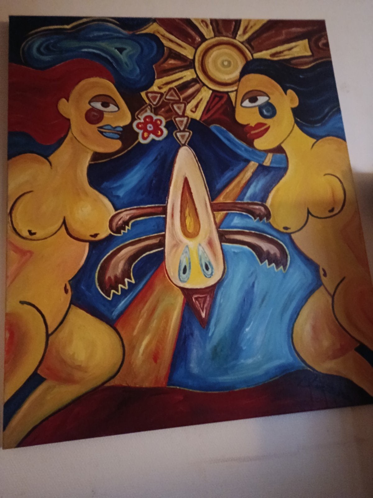 Modern  Schilderij 100x120 : Twee Vrouwen - Handgesc, Textiel, Gesigneerd, Ophalen, Figuren