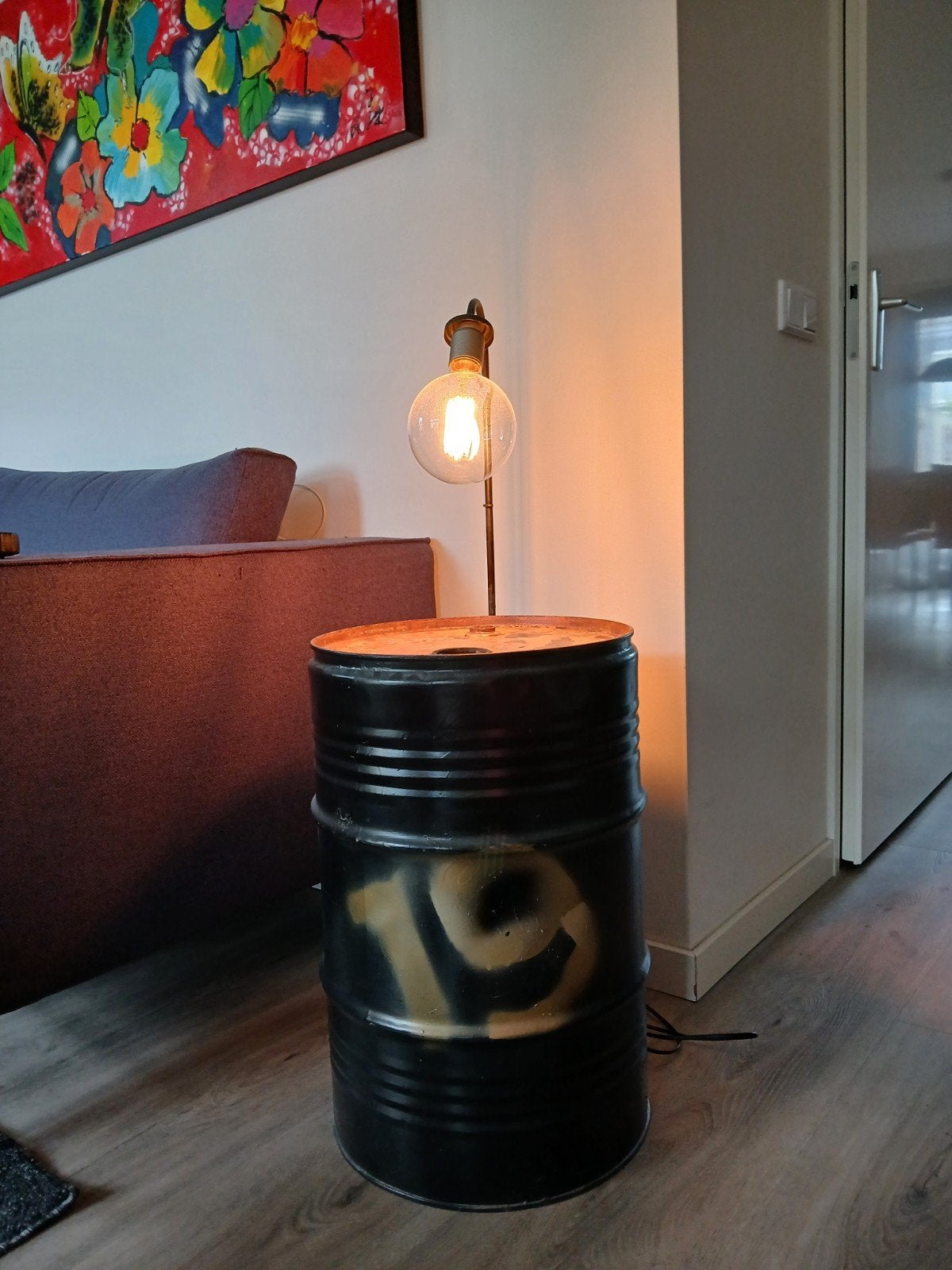 mooie disignlamp lamp op olievat, Gebruikt, Zwart, E27 (groot), Rustiek