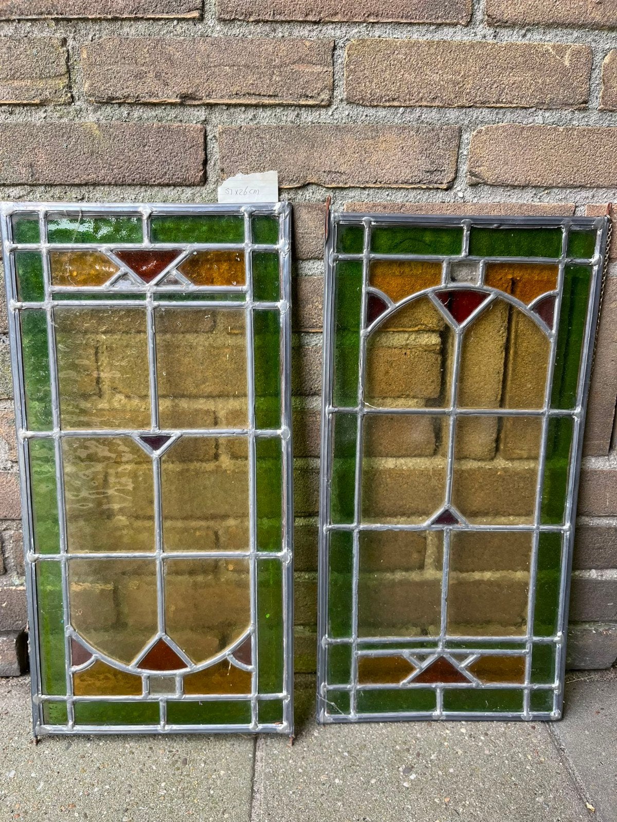 Set van 2 antieke glas in lood ramen (51x26cm), Doe-het-zelf en Verbouw, Glas en Ramen, Gevelraam of Ruit, Gebruikt, Minder dan 80 cm