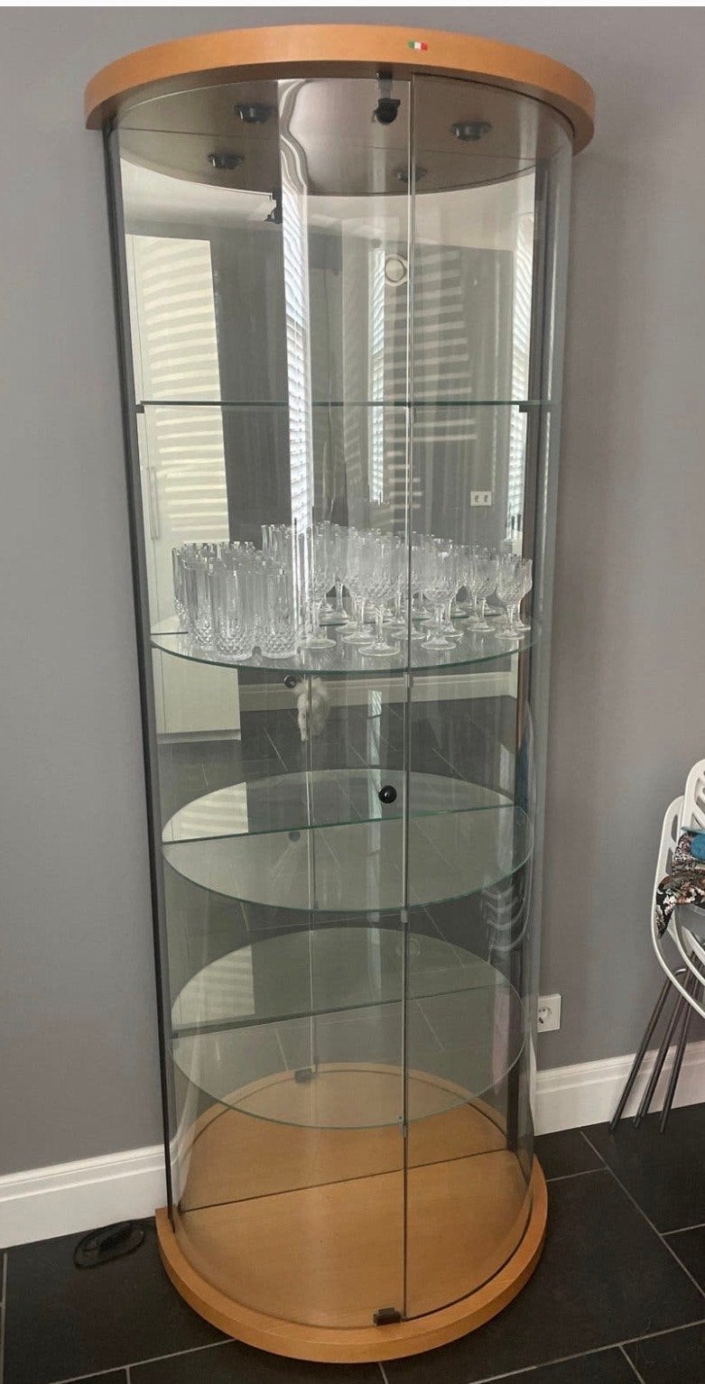 Glazen design vitrinekast met ronde spiegel, Ophalen, Gebruikt, 50 tot 100 cm, Glas