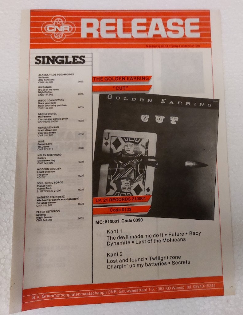 The Golden Earring PROMO FOLDER CNR 1982 Cut Nederpop, CNR, Verzenden, NvT, Boek, Tijdschrift of Artikel