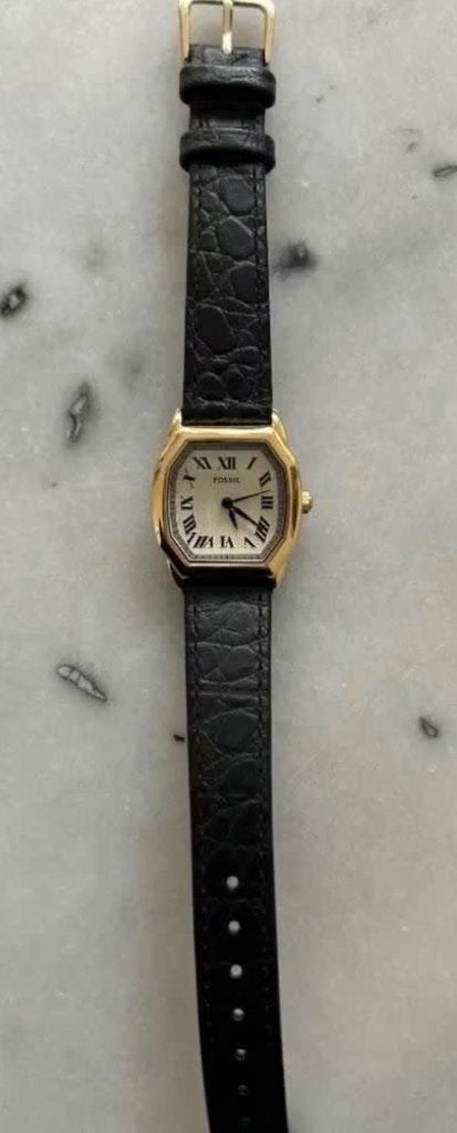 Fossil dames polshorloge, goud klokje, zwart leren bandje, Overige merken, Leer, Staal, Nieuw