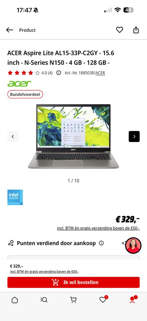 Acer Laptop, Computers en Software, 4 GB of minder, 15 inch, Qwerty, Nieuw