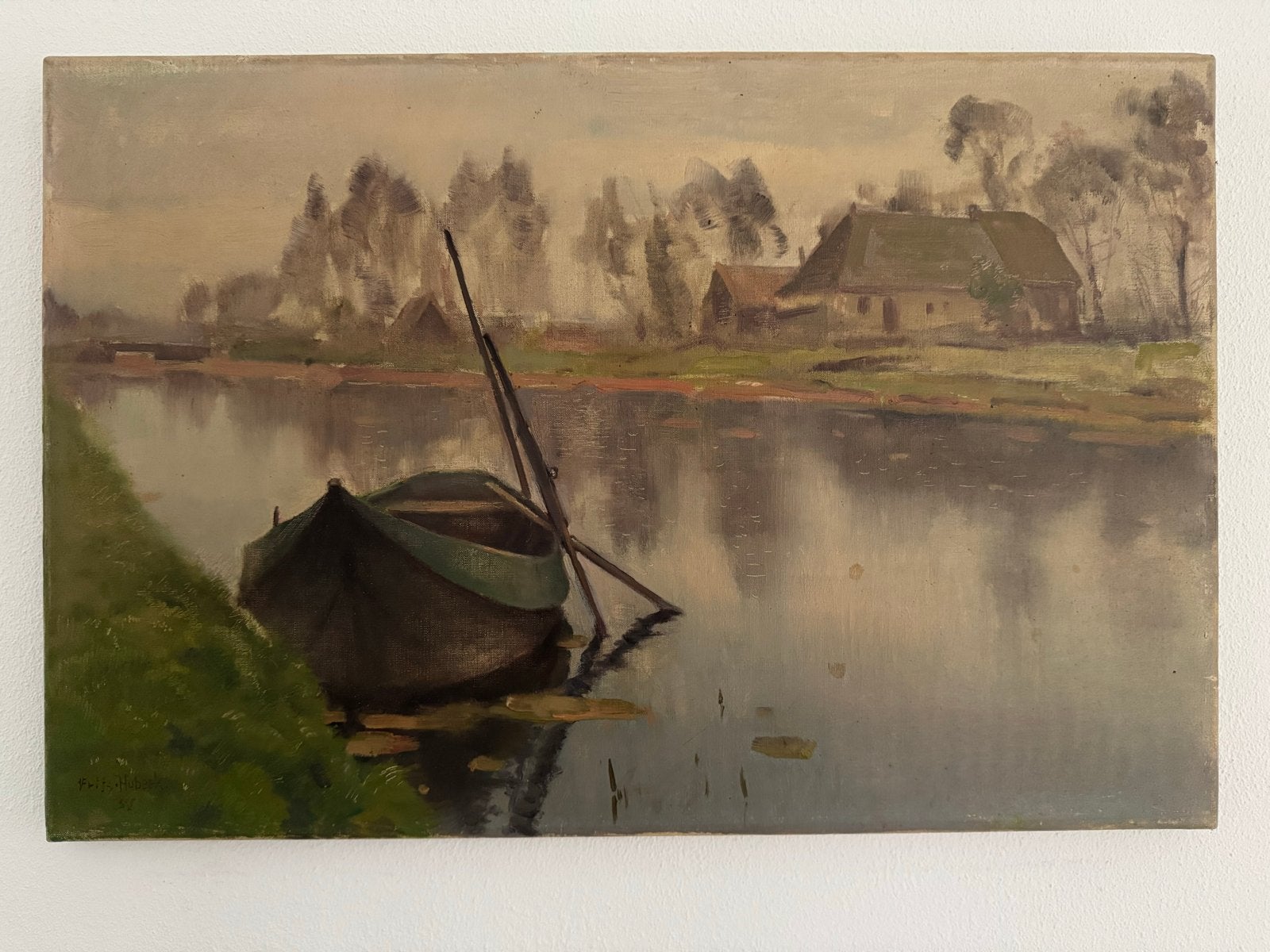 Schilderij A. Frits Hubeek - Visserschuit in den polder 1951, Nederlandse school, Gedateerd, Doek, Ophalen of Verzenden