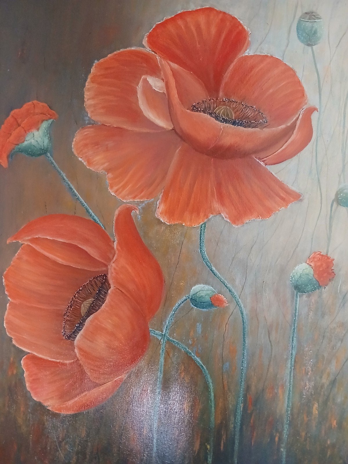 Schilderij met klaprozen - Levendige bloemenkunst, Antiek en Kunst, Ophalen, Handgeschilderd, Olieverf, Overige materialen