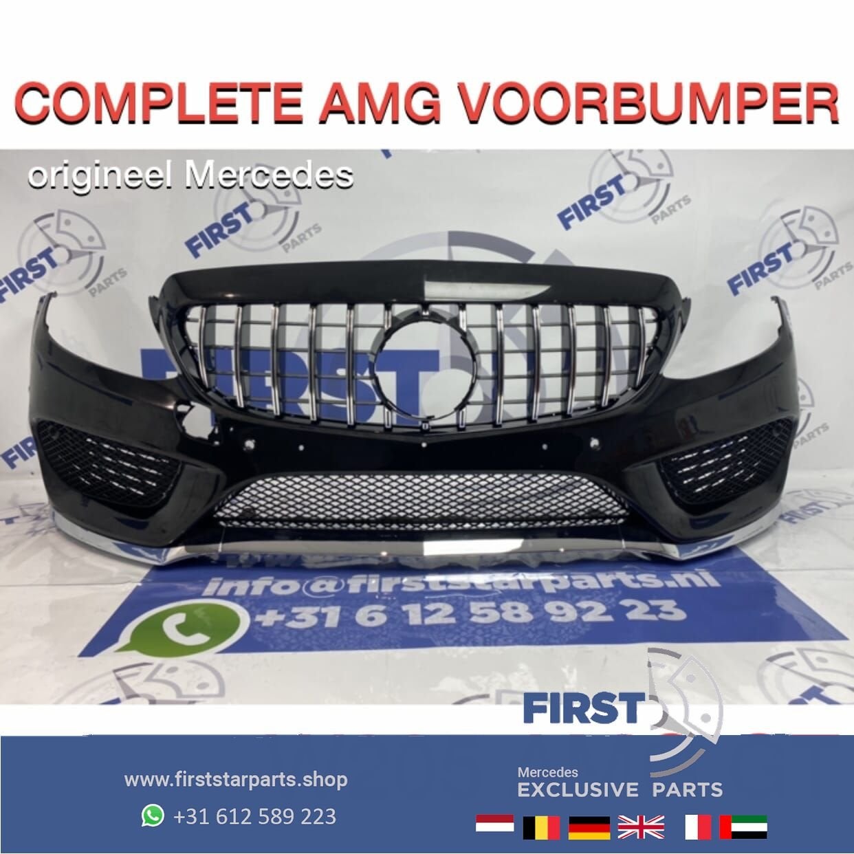 W205 C205 C43 AMG VOORBUMPER ZWART + GT GRIL C KLASSE 2014-2, Gebruikt, -, Voor, Ophalen of Verzenden