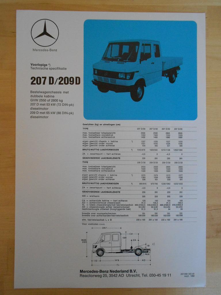 Mercedes 207 209 Specificatie Brochure 1982 207D 209D, Zo goed als nieuw, Mercedes-Benz, Mercedes, Ophalen of Verzenden