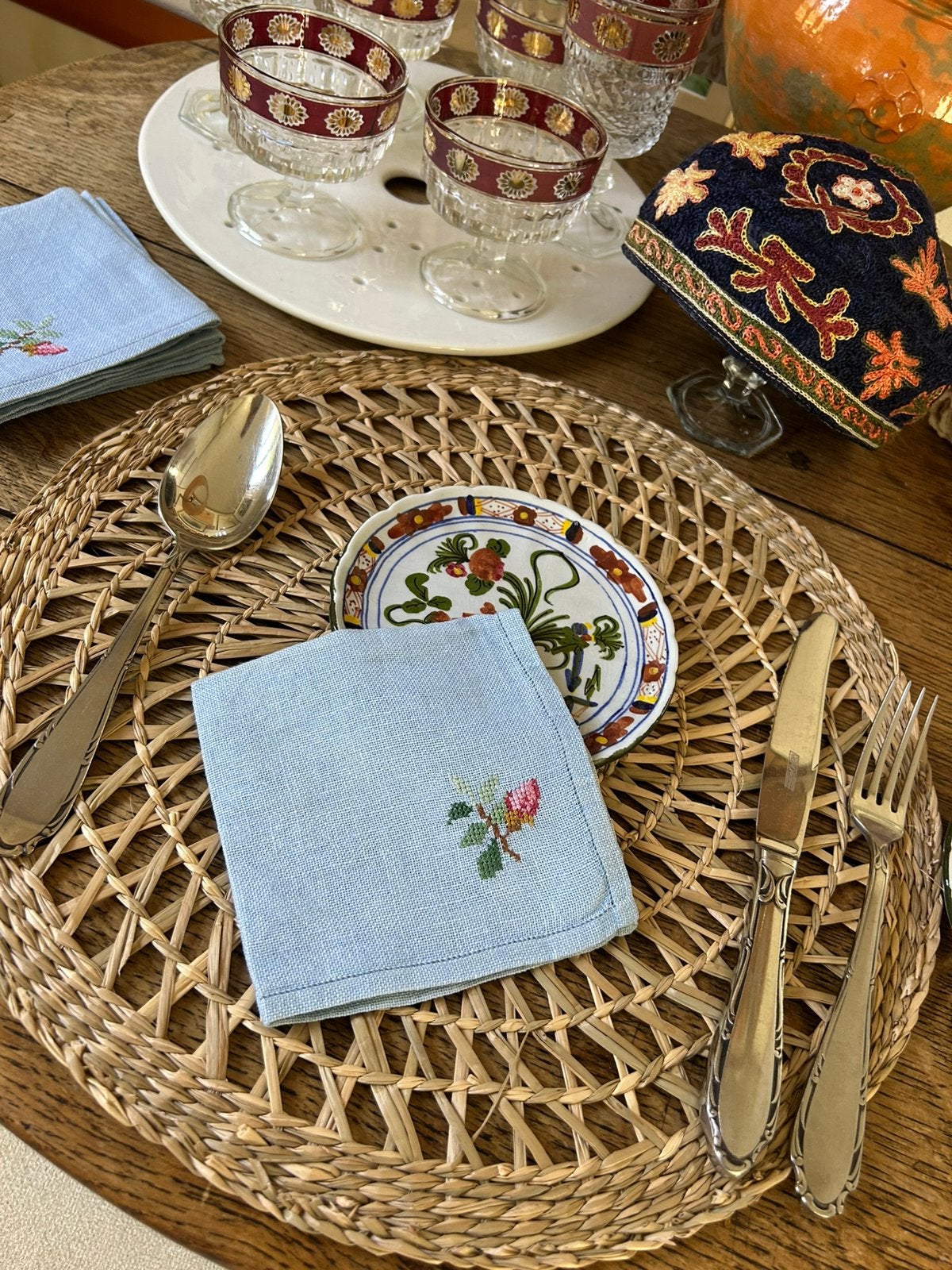 Set van 6 Franse blauwe geborduurde servetten, Antiek en Kunst, Ophalen