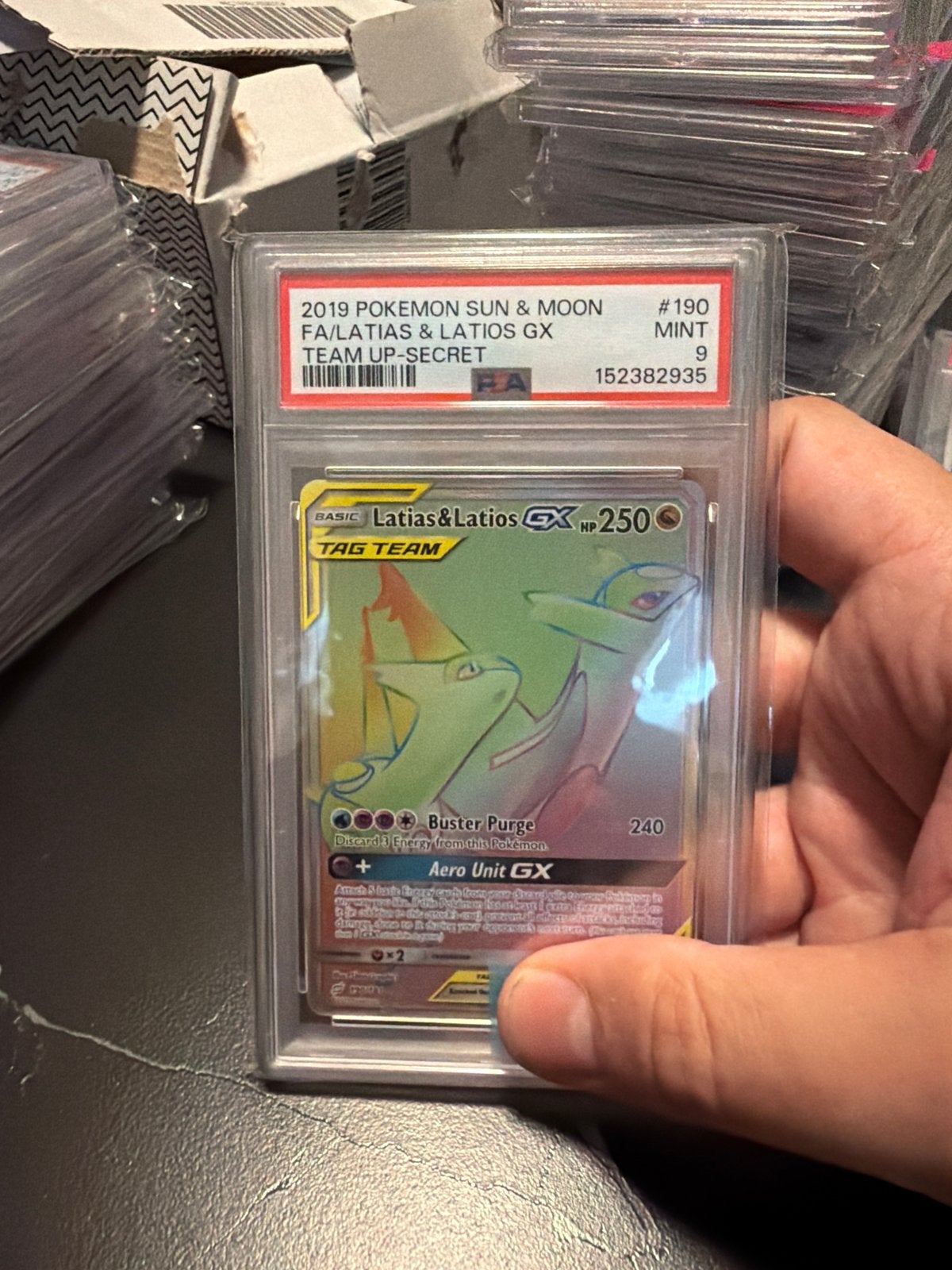 Pokémon Latias & Latios GX PSA 9 Mint Team Up Secret, Ophalen of Verzenden, Zo goed als nieuw, Losse kaart