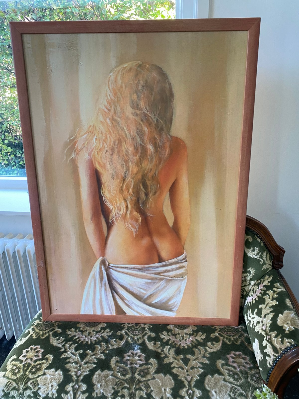 Groot schilderij vrouw met naakte rug vintage, Ophalen, Doek, Portret of Personen, Realistisch