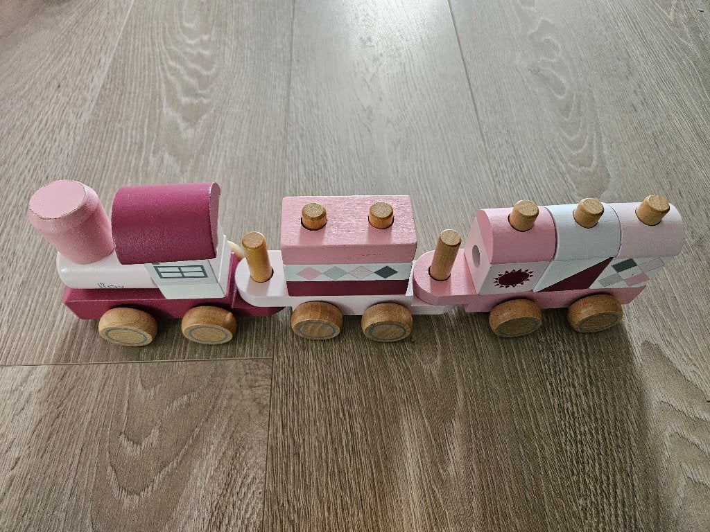 Jipy houten blokkentrein roze, Kinderen en Baby's, Speelgoed | Houten speelgoed, Ophalen of Verzenden, Gebruikt, Rij- of Hobbelspeelgoed