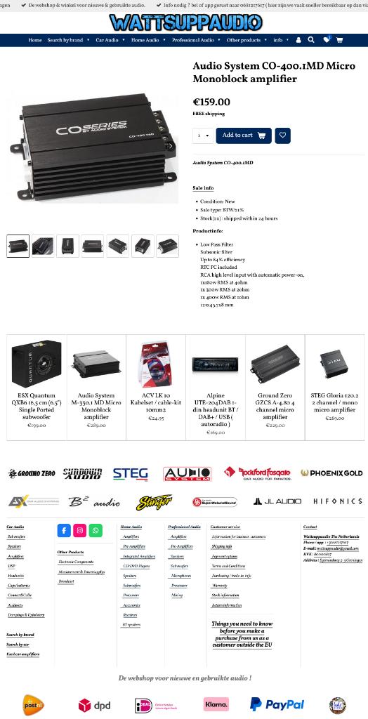 Audio System CO-400.1MD Micro Monoblok versterker 400W RMS, Auto diversen, Autospeakers, Info@optimount.nl, Nieuw, Ophalen of Verzenden