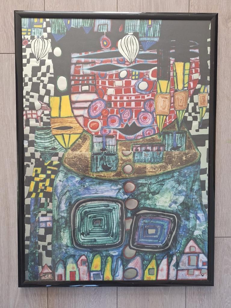 Ingelijste prent van kunstenaar Friedensreich Hundertwasser, Ophalen of Verzenden, Zo goed als nieuw, Prent