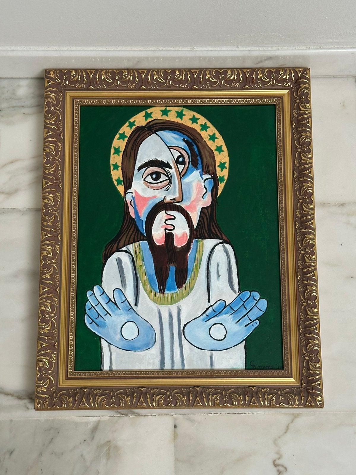Modern schilderij van Jezus. Gisigneerd en in fraaie lijst, Ophalen, Zo goed als nieuw, Overige typen, Christendom | Katholiek