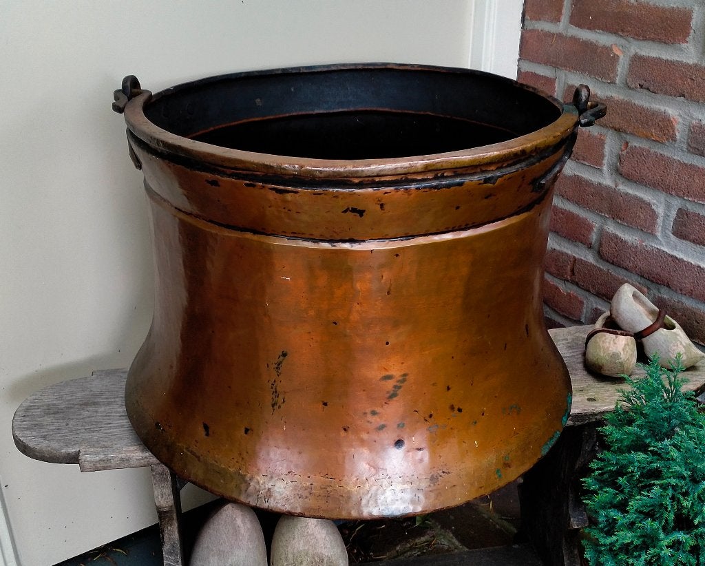 Antiek Koperen Ketel Pot - Plantenbak Bloempot Haardhoutbak, Ophalen of Verzenden