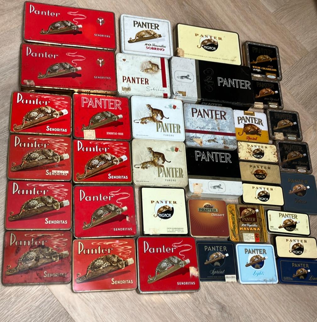Grote collectie Panter sigarenblikjes, Ophalen of Verzenden, Gebruikt, Tabaksdoos of Verpakking