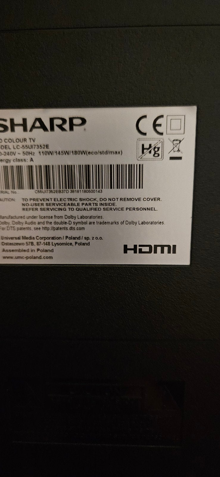 Sharp LC-55UI7352E TV - Defect scherm, Ophalen, LED, Sharp, 4k (UHD)