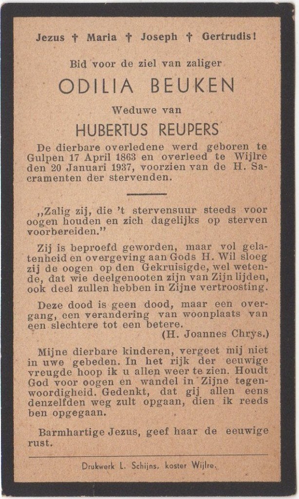 Odilia Beuken 1863 Gulpen + 1937 Wijlre, 73 jaar oud, Verzenden
