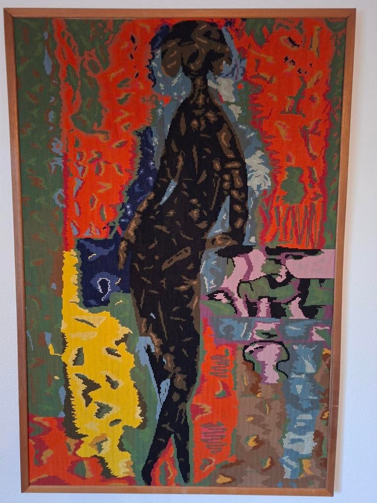 uniek handgeborduurd wandtapijt 80 bij 116 modern/abstract, Ophalen, Gebruikt, Handborduren, Overige typen