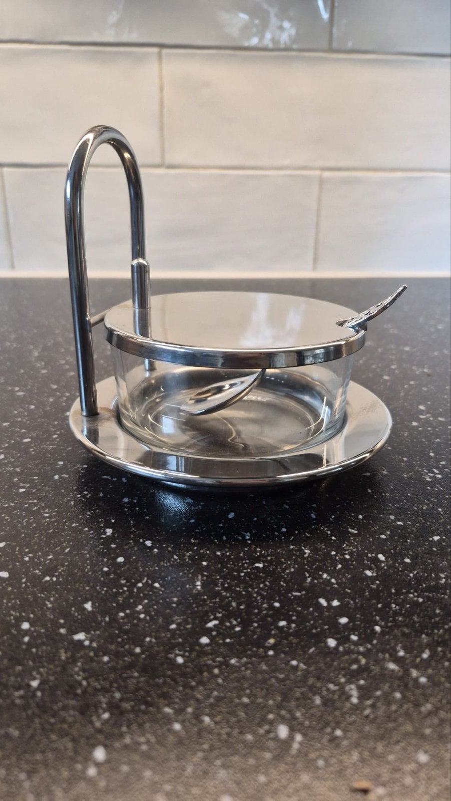 Suikerpotje met lepel en deksel - RVS en glas, Ophalen, Overige typen, Zilver, Zo goed als nieuw