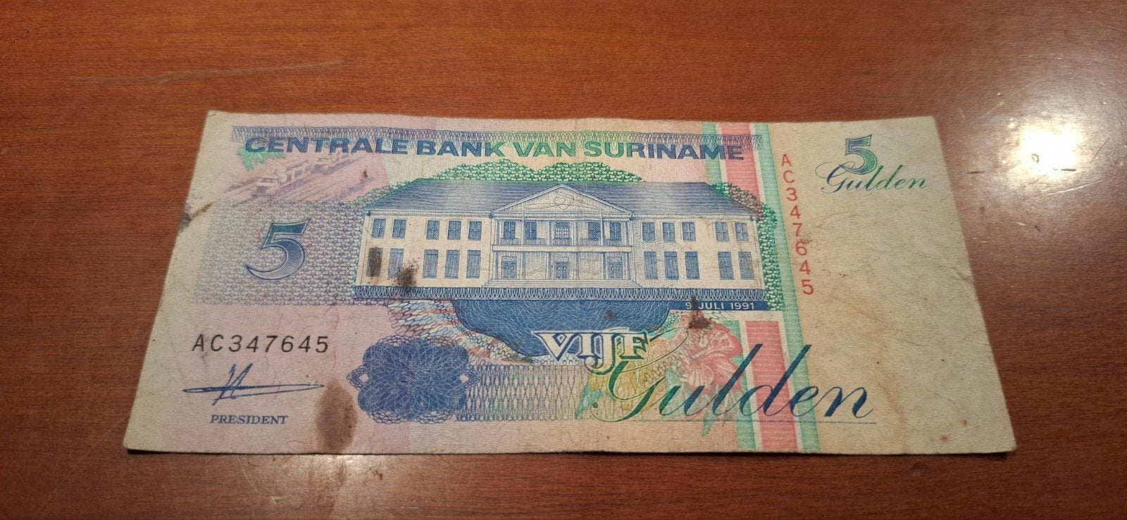 Surinaams bankbiljet 5 Gulden 1991, Postzegels en Munten, Ophalen of Verzenden, Zuid-Amerika, Los biljet