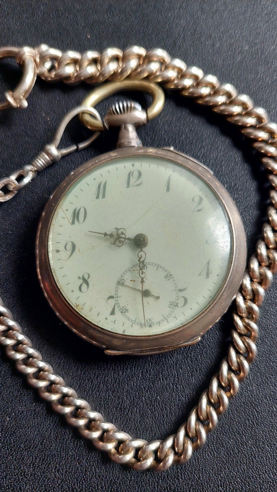 Antiek Zilveren Zakhorloge met Ketting - Jaren '30 Stijl, Zakhorloge, 1900 tot 1930, Met ketting, Zilver