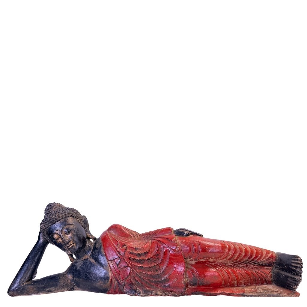 Liggende Boeddha – Birmees teakhout – 19e eeuw – 102 cm, Antiek en Kunst, Overige herkomsten, Ophalen of Verzenden, Beeld, Hout