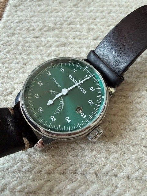 Prachtige Meistersinger Primatic PR919, Petrol 41 mm, Sieraden, Tassen en Uiterlijk, Overige merken, Leer, Staal, Polshorloge