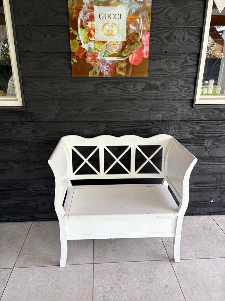 Wit houten bankje 95x46x90 met opbergbsk, Huis en Inrichting, Ophalen of Verzenden, Gebruikt