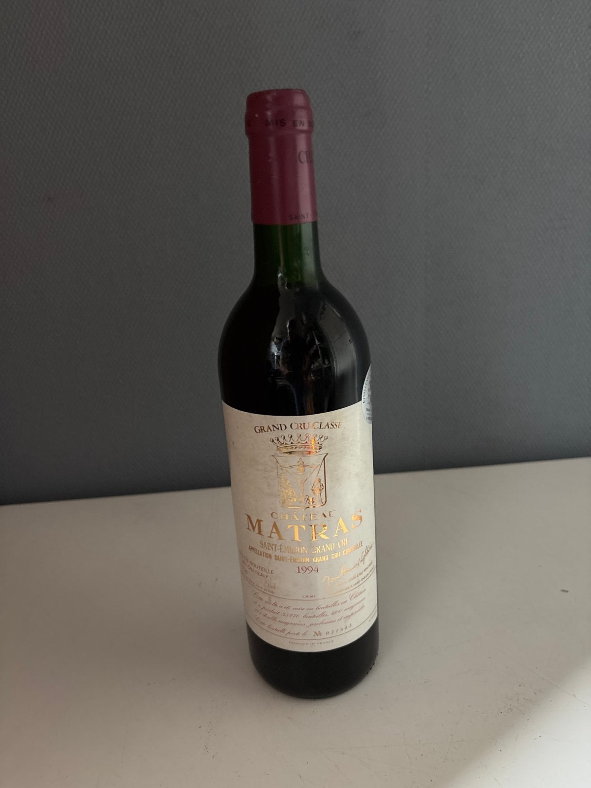 Château Matras Grand Cru Classé Saint-Émilion 1994, Verzamelen, Gebruikt, Frankrijk, Ophalen of Verzenden, Rode wijn