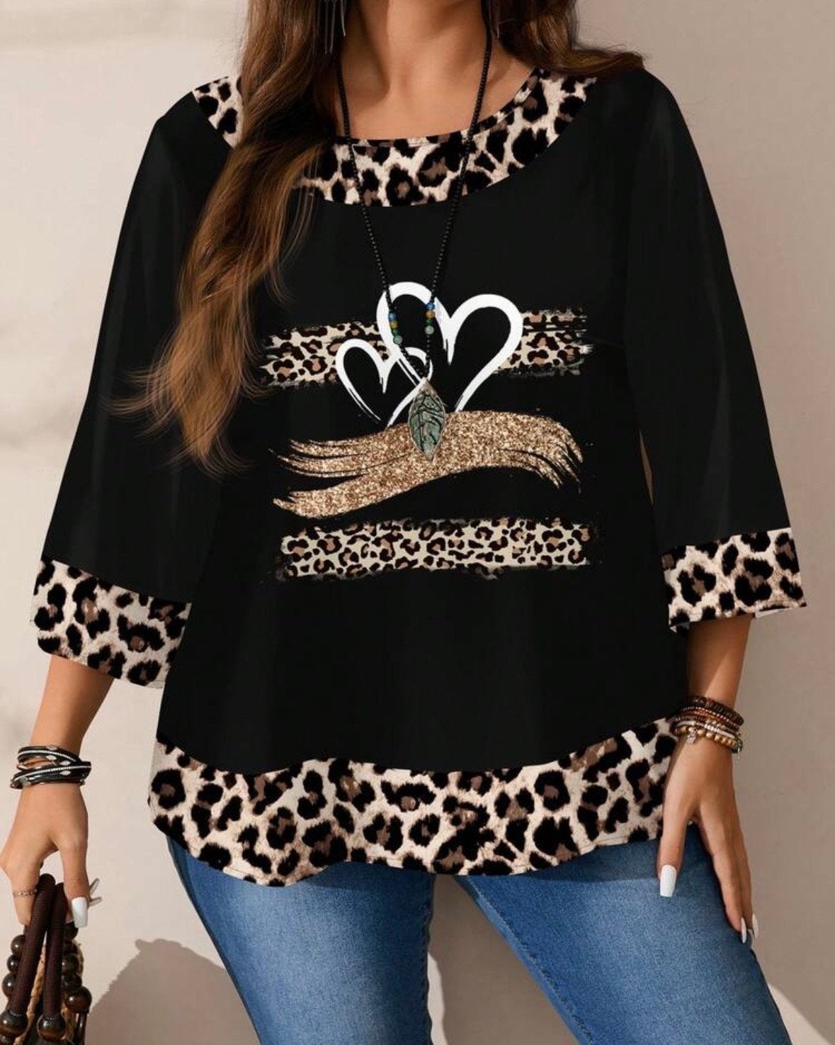Zwarte top met luipaardprint en hartjes (44-54), Kleding | Dames, Verzenden, Nieuw, Zwart, Shirt of Top